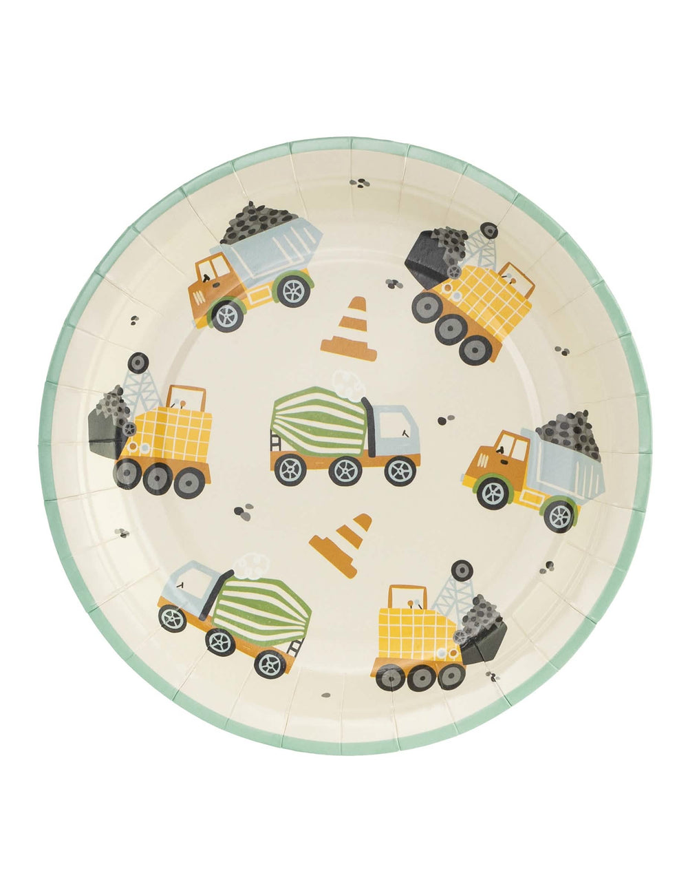Assiettes camions de chantier pour enfant beige avec bordure verte et motifs colorés