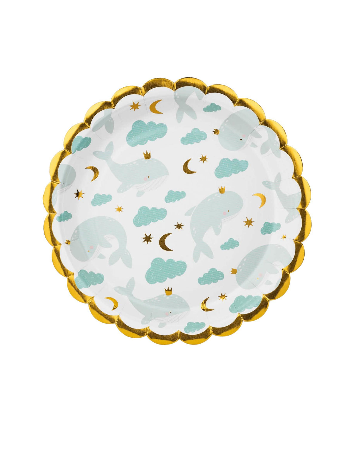 Assiettes en carton baleine pour enfant bleu ciel aux bords dorés