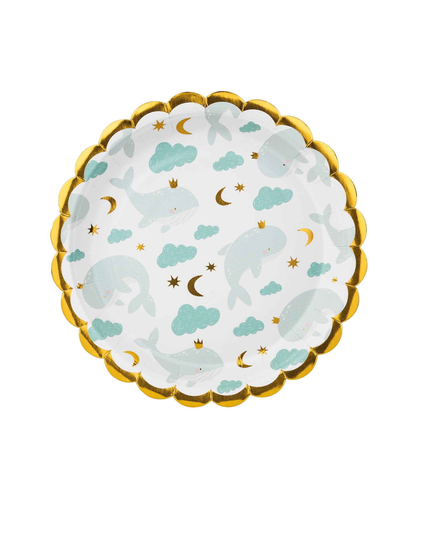 Assiettes en carton baleine pour enfant bleu ciel aux bords dorés
