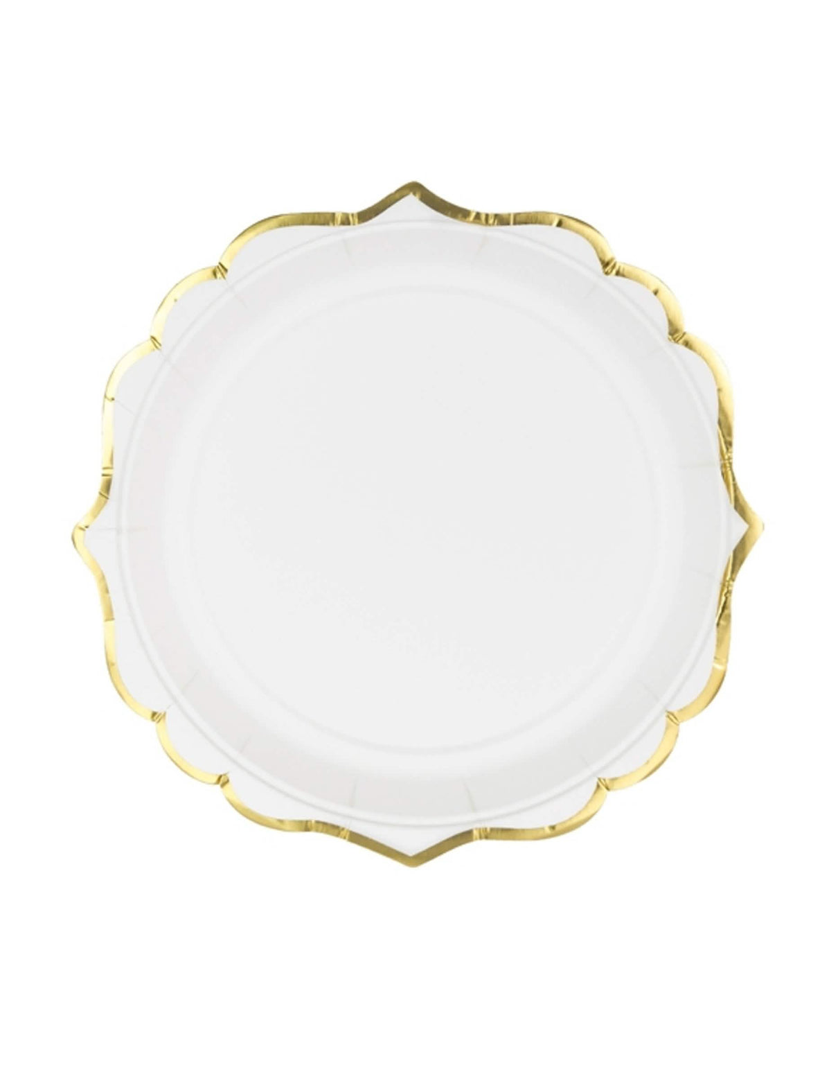 Petites assiettes en carton bordures ciselées pour fête blanches et dorées