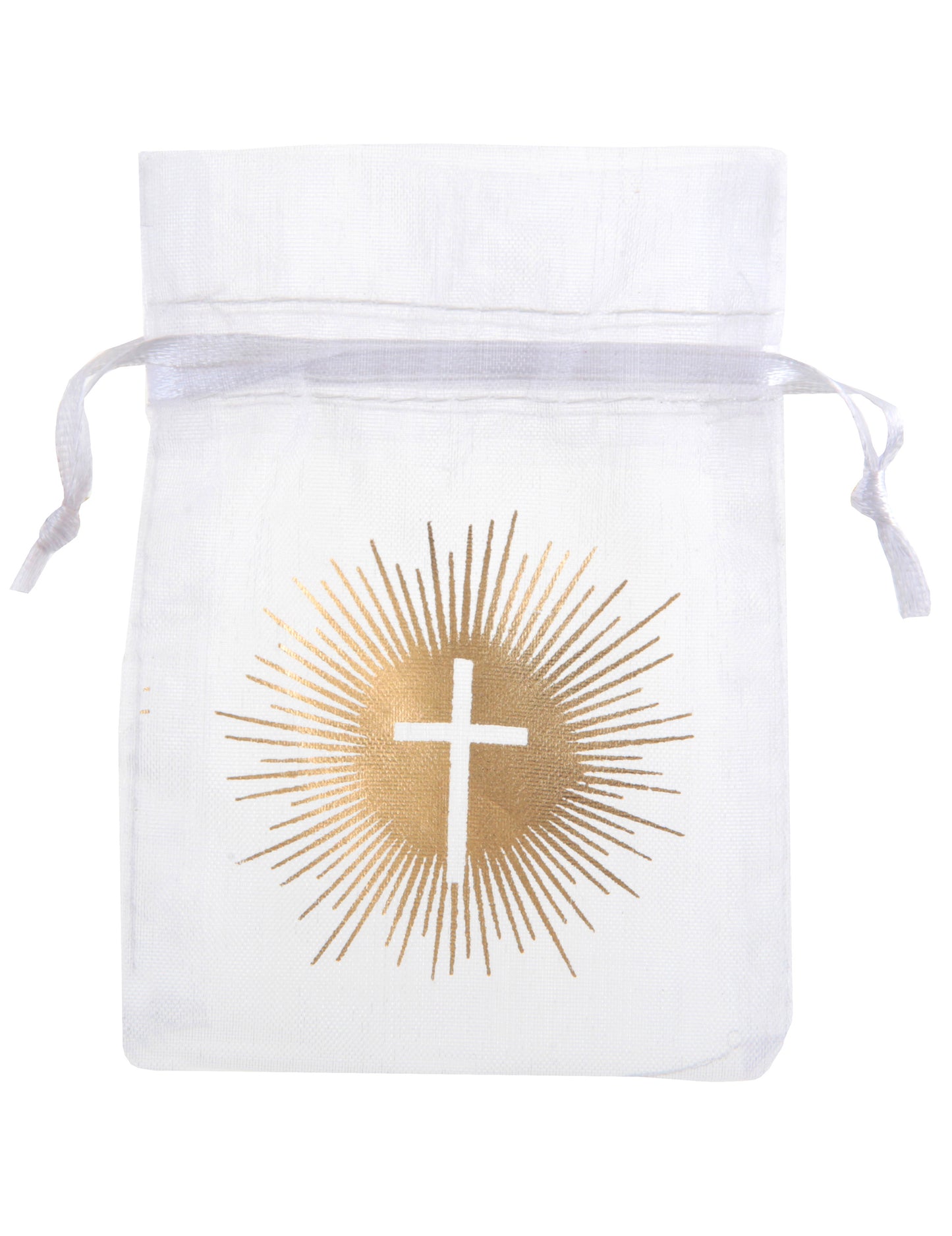 Sachet organdi de cérémonie blanc et doré avec croix