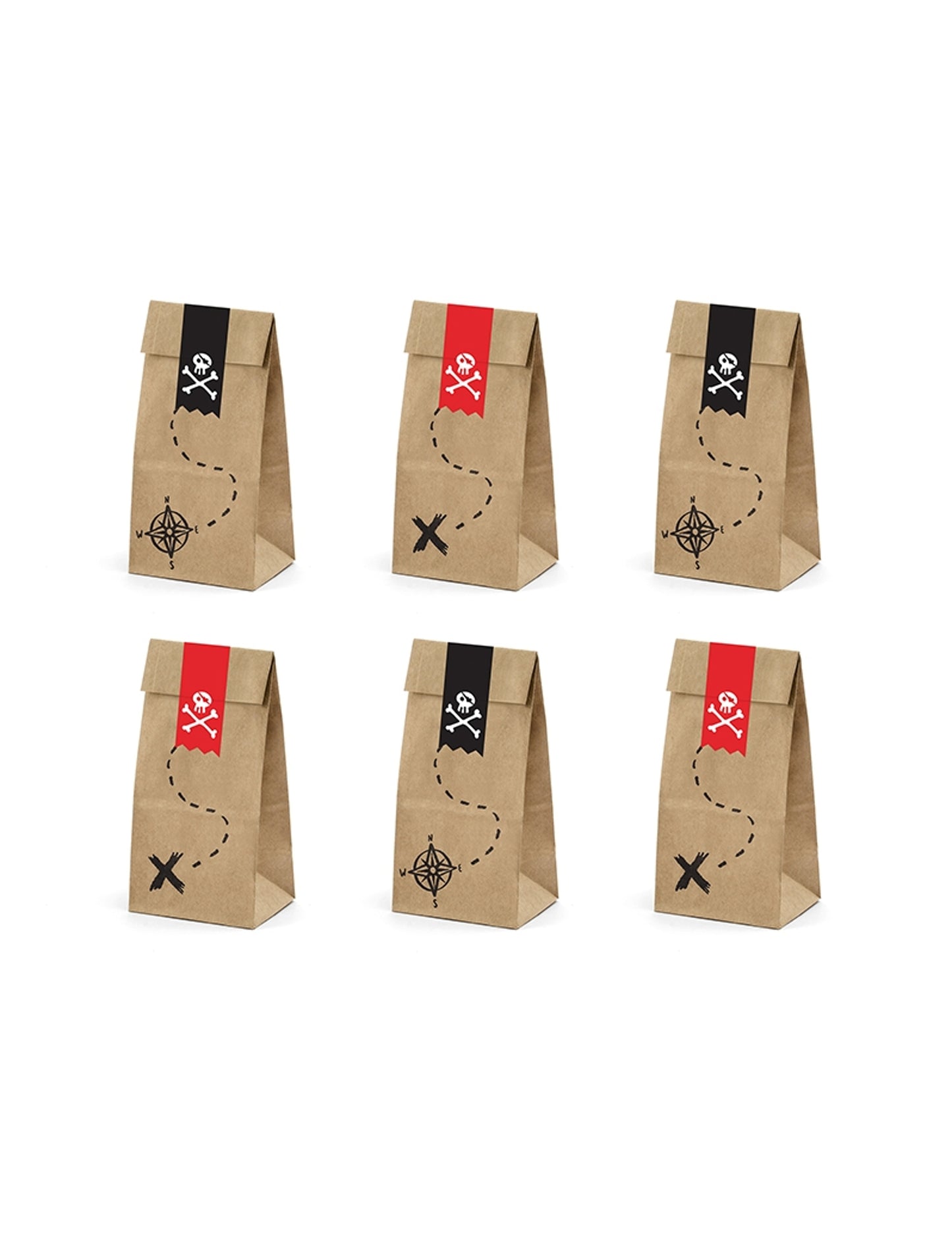 Sacs cadeaux pirate pour enfant en papier kraft marron avec motifs rouges et noirs