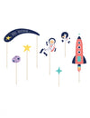 7 Cake toppers en carton Space adventure pour enfant multicolores avec astronaute et fusée