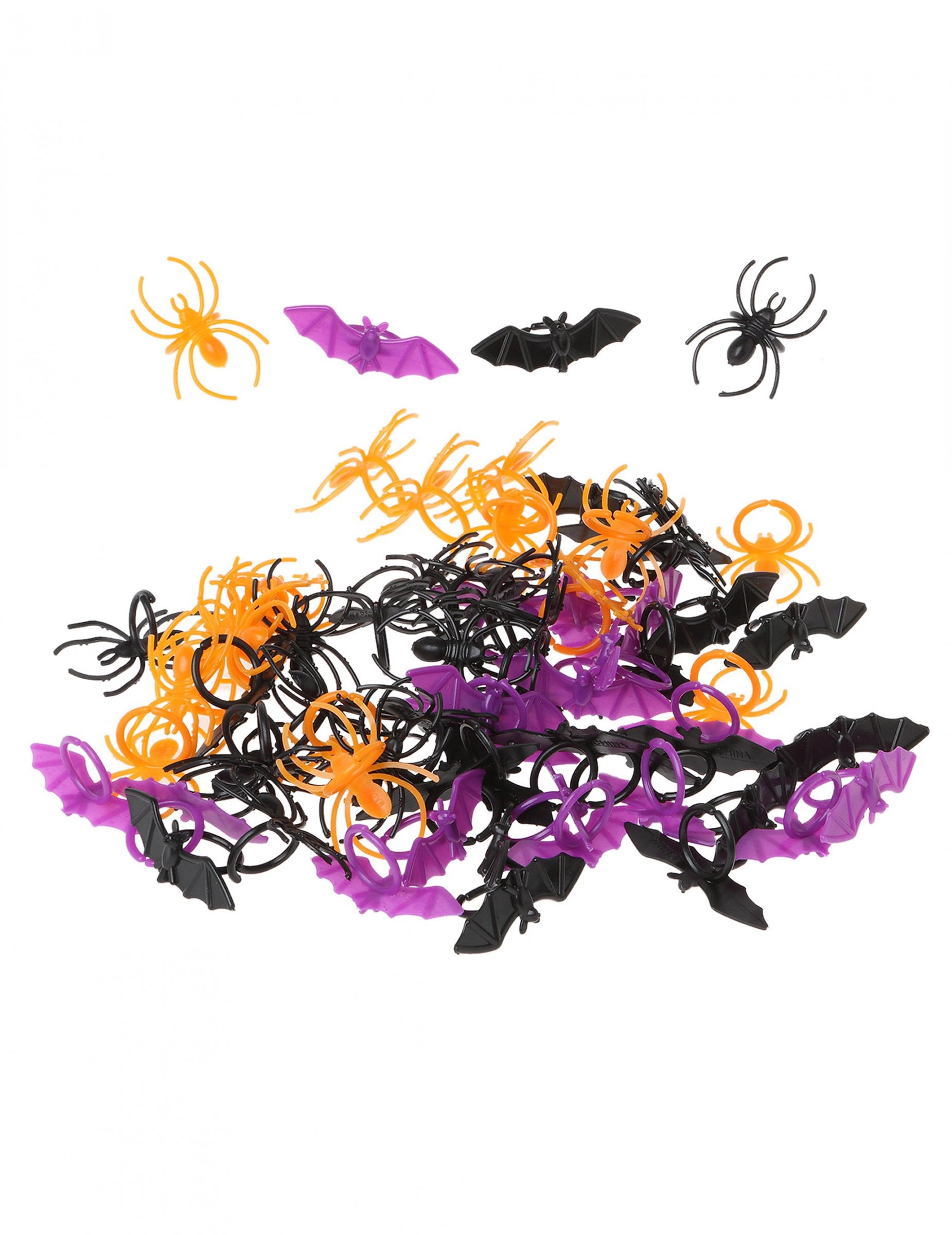 Bagues en plastique chauve-souris et araignées pour Halloween noir orange et violet