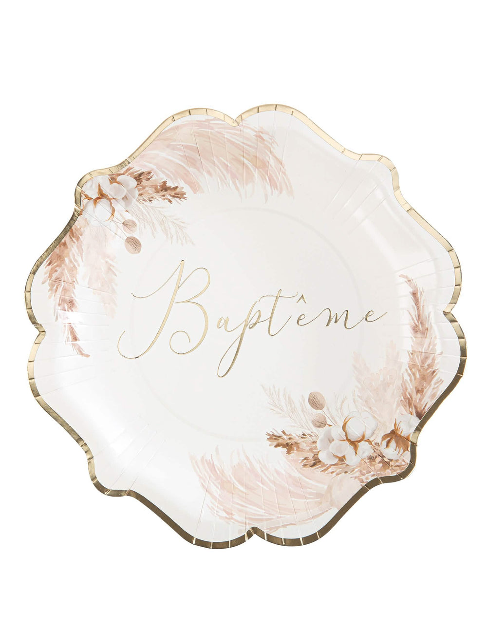 Assiettes baptême pampas et fleurs de coton pour fête blanc et beige avec liseré doré