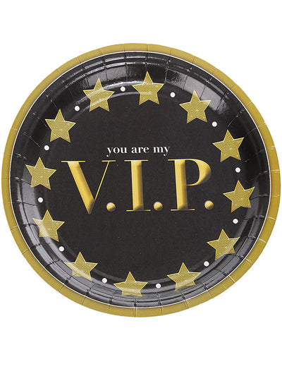 Assiettes en carton VIP pour fête noir et or avec étoiles