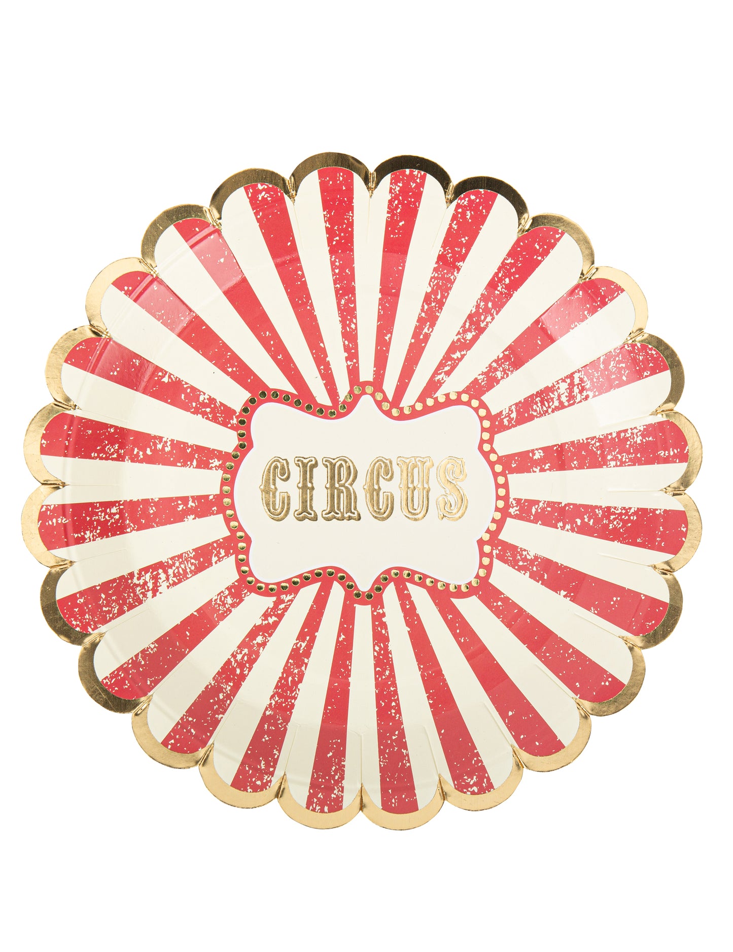 Assiettes en carton cirque vintage pour fête rouge et blanc à bordure dorée