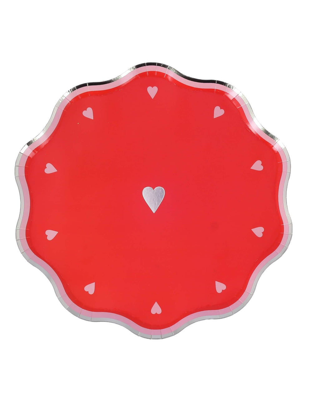 Assiettes en carton Dame de cœur rouge avec motifs cœurs et bordure festonnée