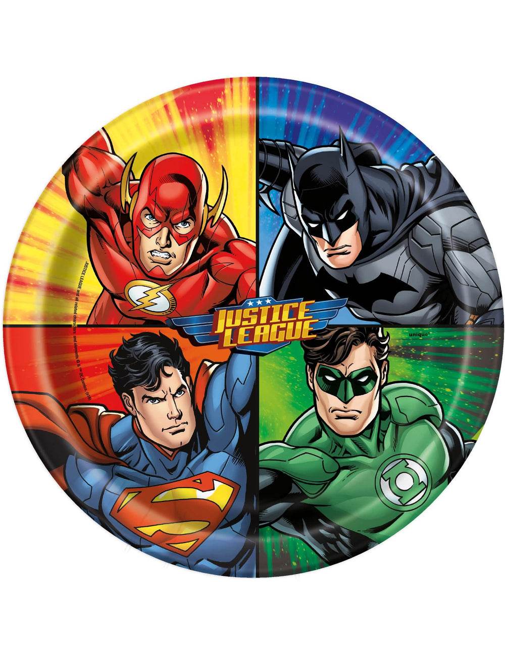 Paperilautaset Justice League -lapsille monivärisinä Batmanin, Supermanin, Flashin ja Green Lanternin kanssa