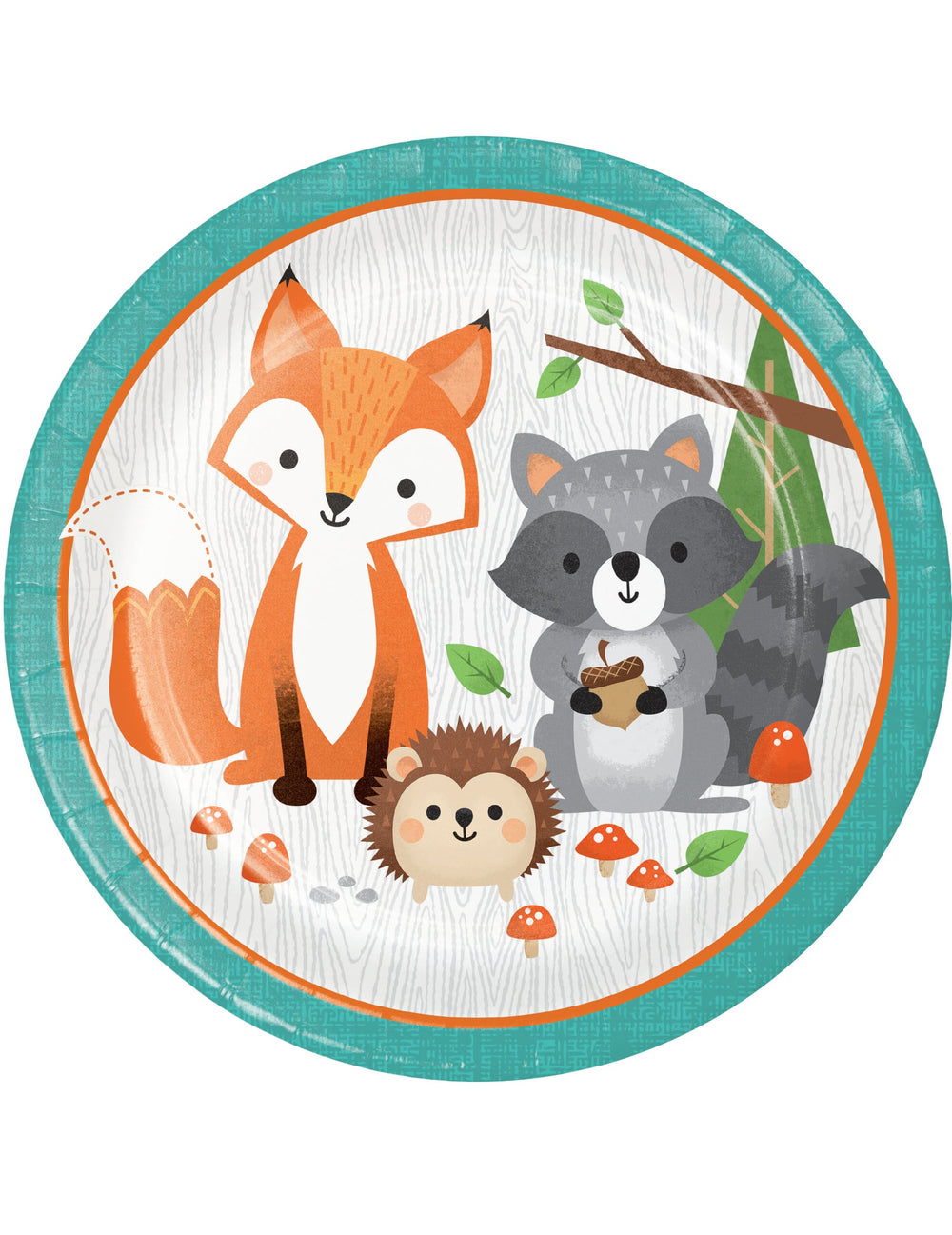 Assiettes en carton animaux de la forêt turquoise avec renard et raton laveur