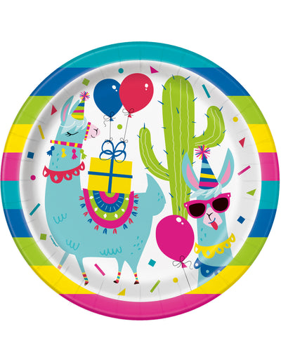 Assiettes en carton anniversaire lama multicolores avec cactus et ballons