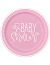 Assiettes en carton baby shower pour fille roses et blanches avec cœurs