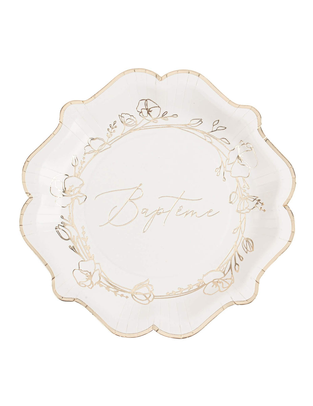 Assiettes en carton baptême blanches avec fleurs dorées