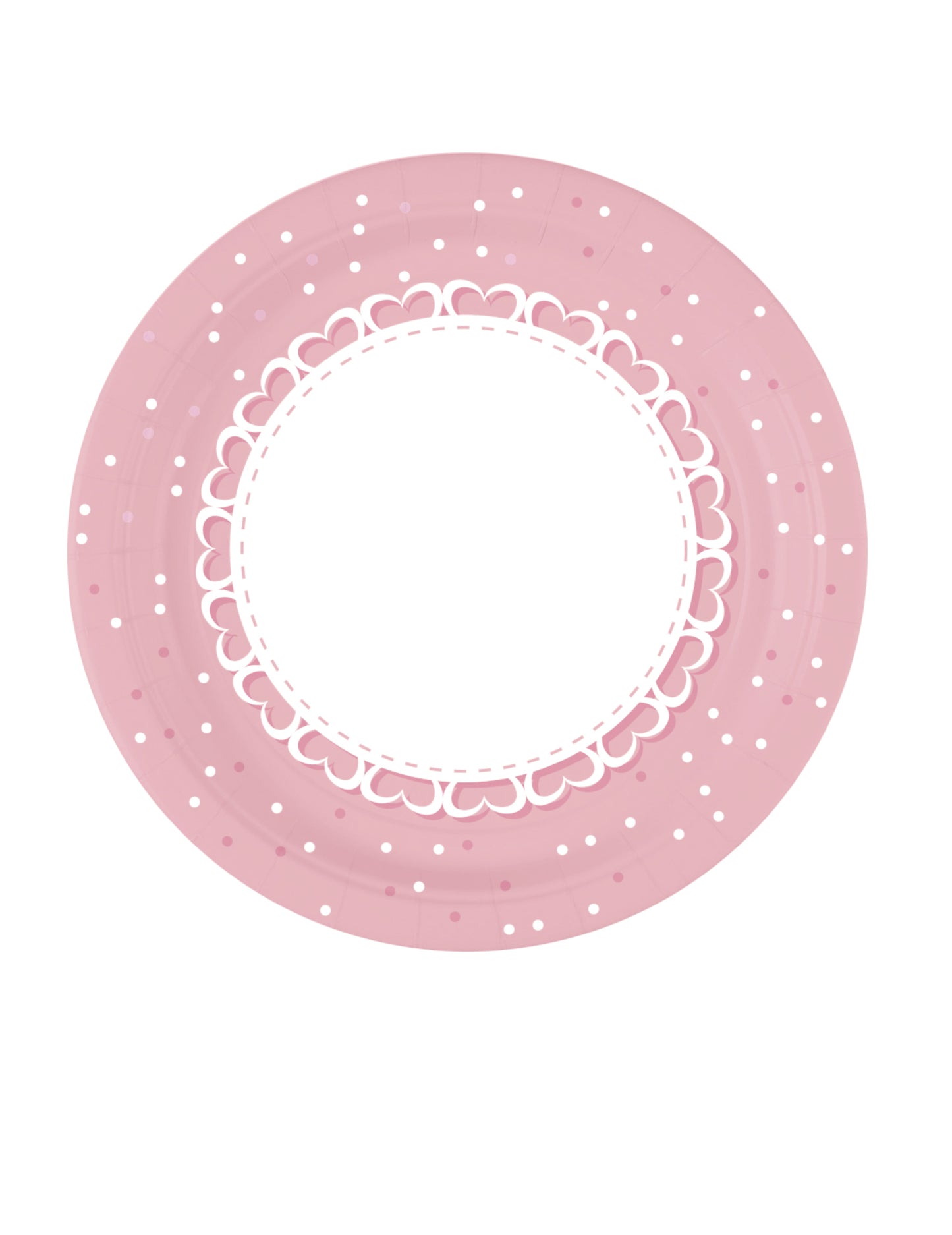 Assiettes en carton cœurs roses avec pois et bordure blanche