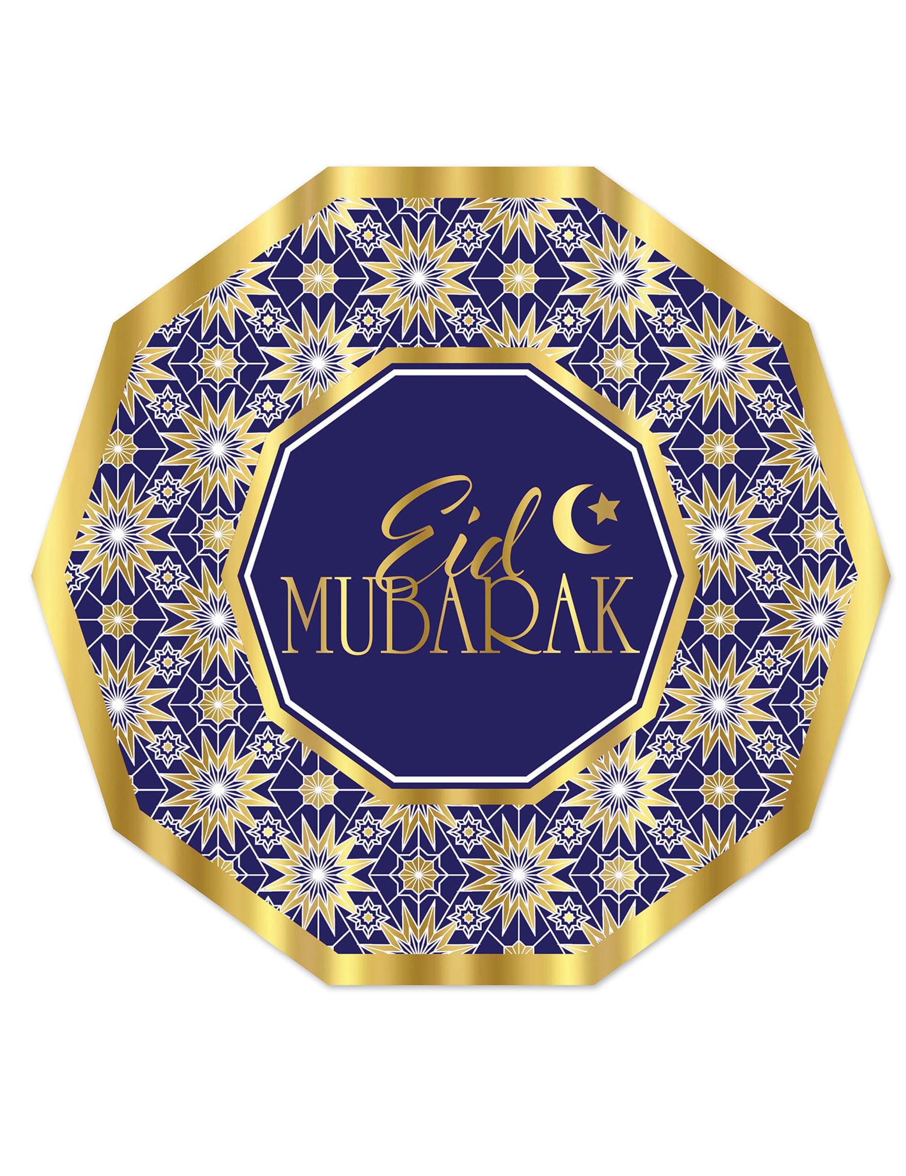 Assiettes en carton Aïd Mubarak pour fête bleues et or octogonales