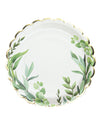 Assiettes festonnées en carton feuilles d'eucalyptus blanches avec liseré doré