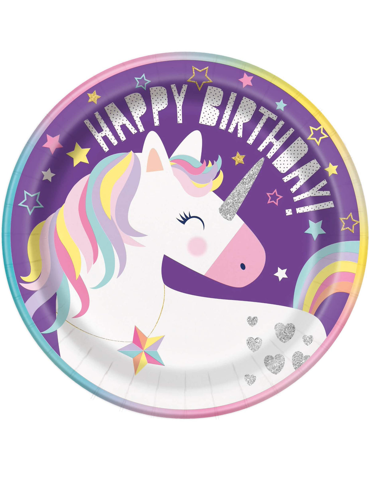 Assiettes en carton Happy Birthday licorne party pour anniversaire fille violettes avec détails pailletés
