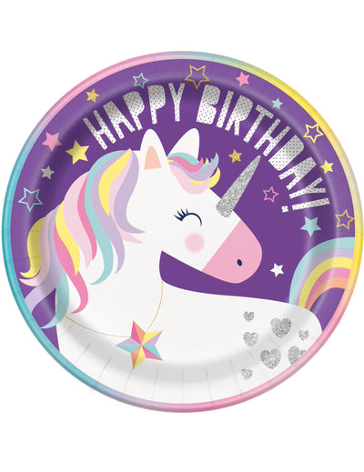 Assiettes en carton Happy Birthday licorne party pour anniversaire fille violettes avec détails pailletés