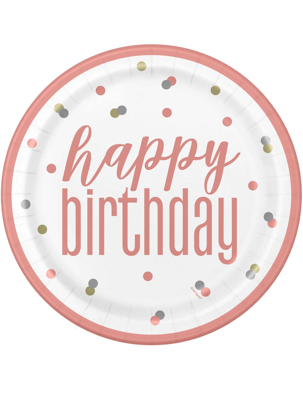 Assiettes en carton Happy Birthday pour fête blanches et roses à pois