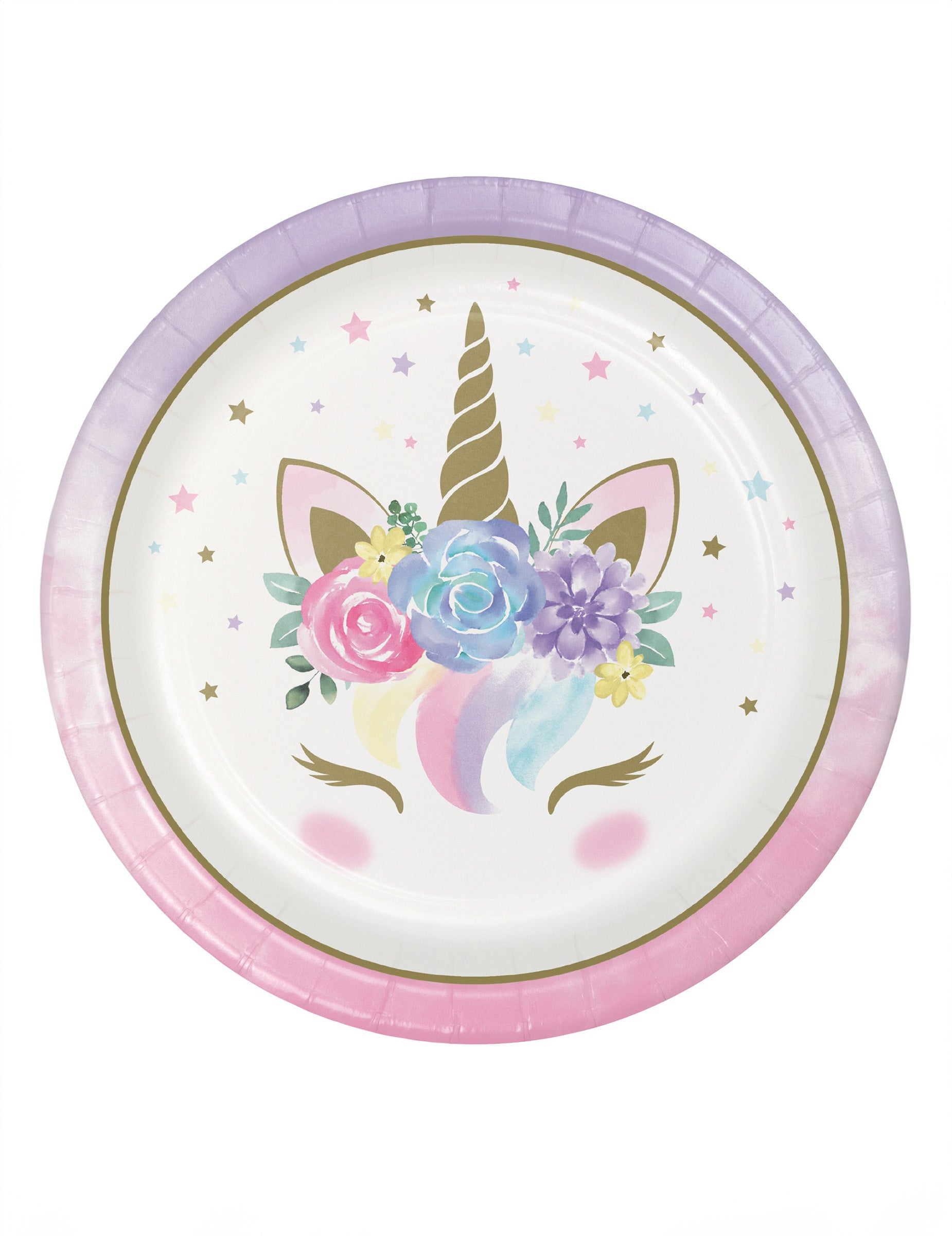 Assiettes en carton licorne féerique blanches aux motifs fleurs et corne dorée