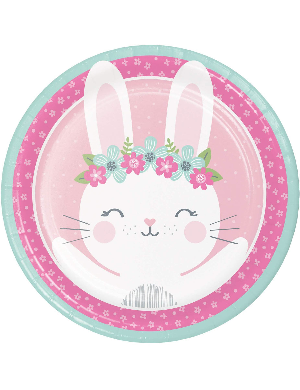 Assiettes en carton petit lapin pour anniversaire roses et vert d'eau