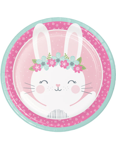 Assiettes en carton petit lapin pour anniversaire roses et vert d'eau