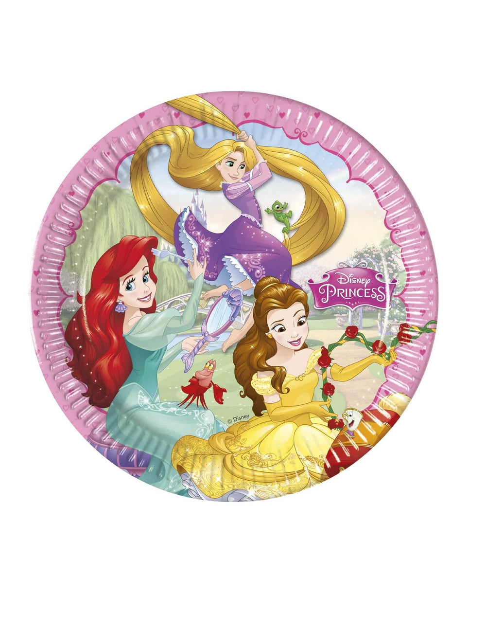 Prinsessat Disney -paperilautaset lapsille, vaaleanpunaiset sydänkuvioilla