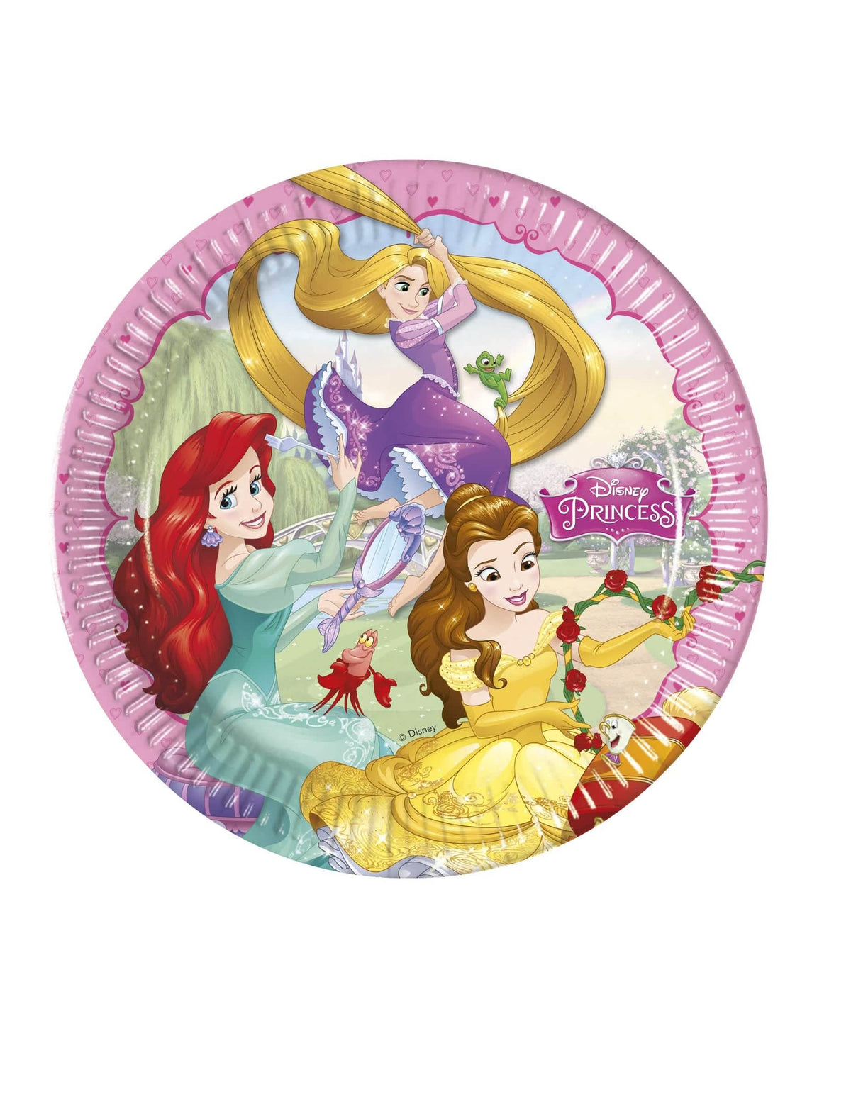 Prinsessat Disney -paperilautaset lapsille, vaaleanpunaiset sydänkuvioilla
