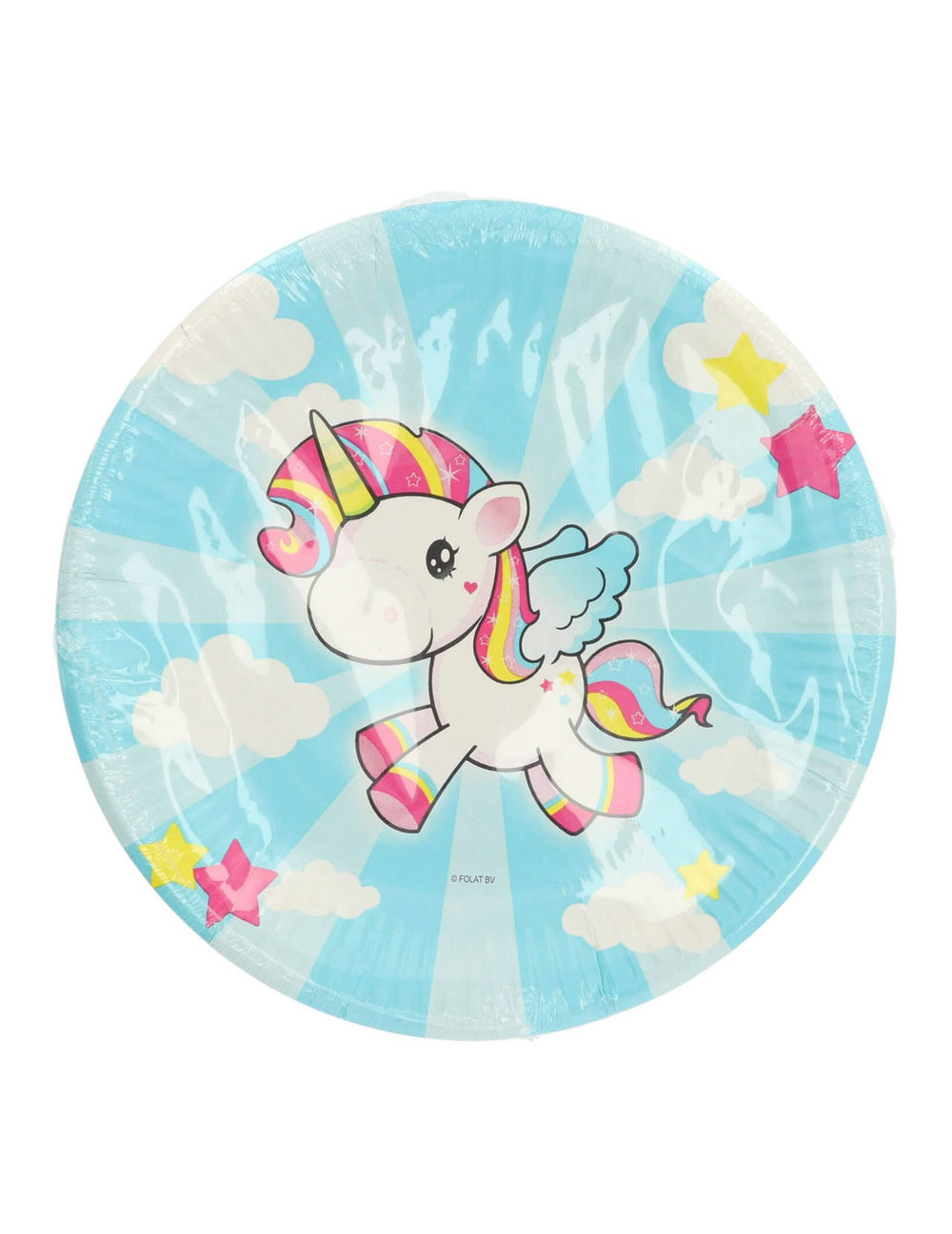 Gros plan sur le motif des assiettes en carton licorne pour anniversaire