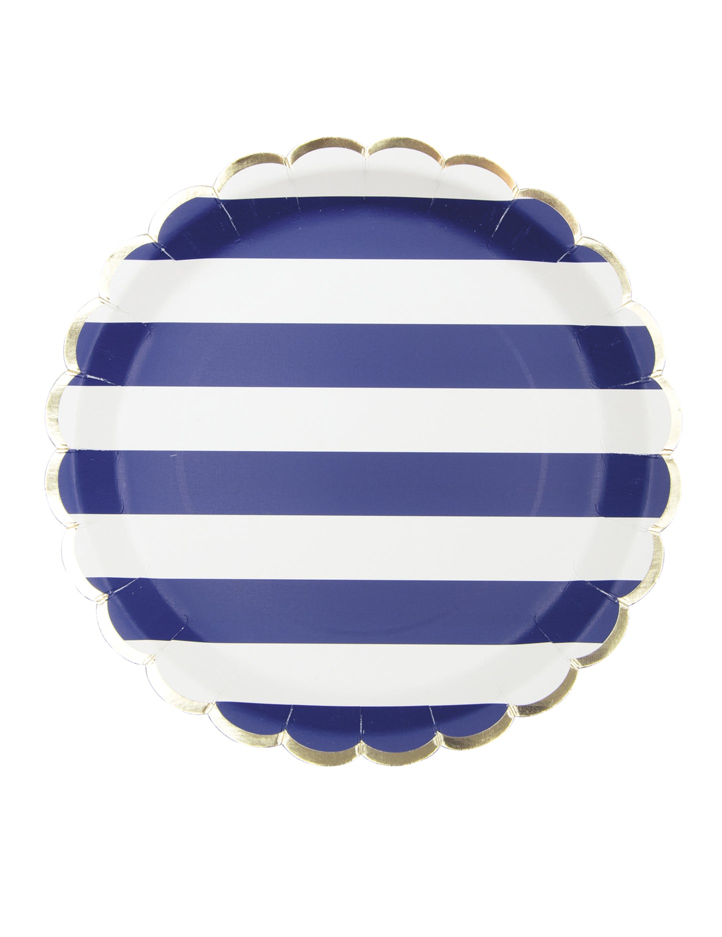 Assiettes festonnées en carton marinière pour fête bleu marine et blanc avec bord doré