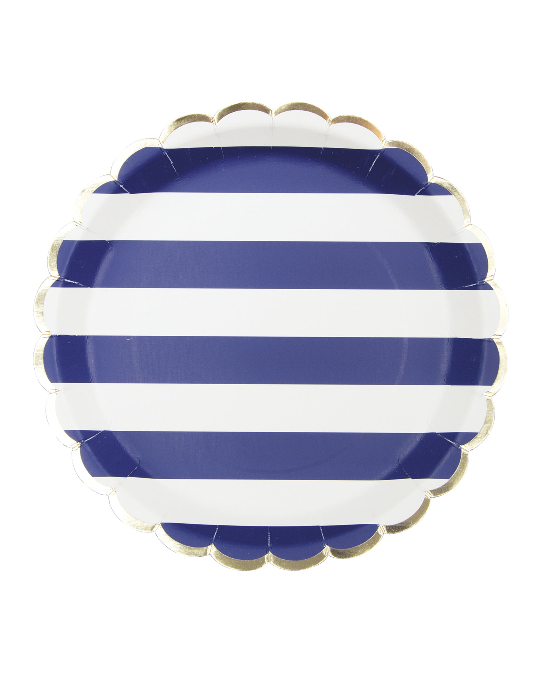 Assiettes festonnées en carton marinière pour fête bleu marine et blanc avec bord doré