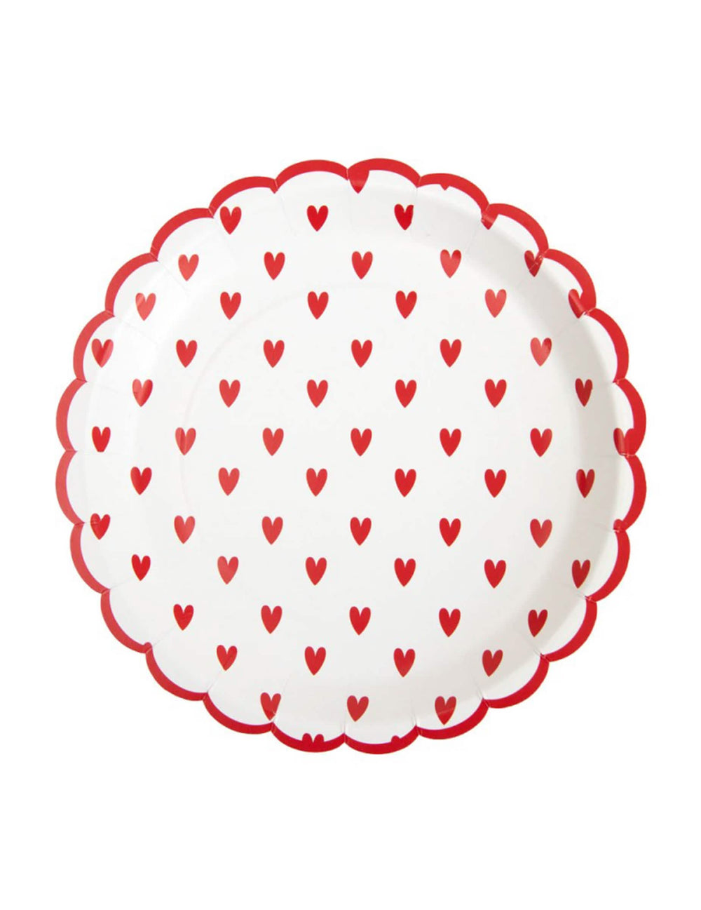 Assiettes en carton festonnées petits cœurs pour fête blanc et rouge
