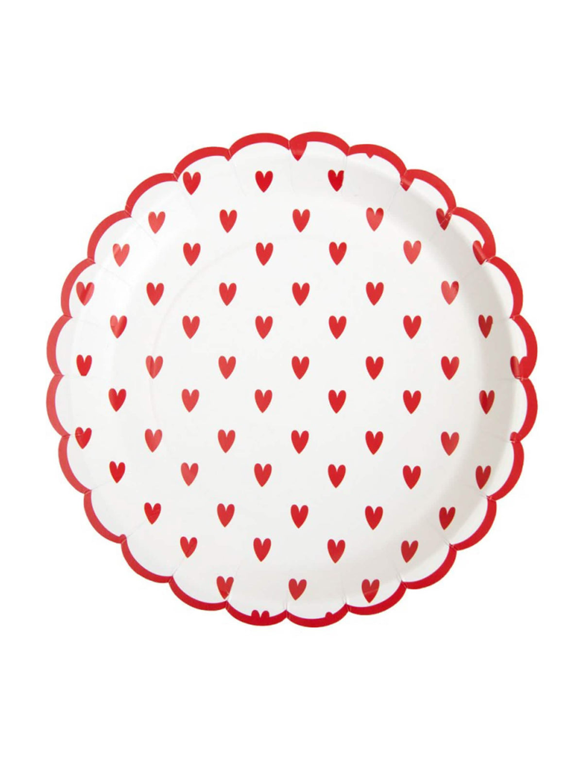 Assiettes en carton festonnées petits cœurs pour fête blanc et rouge