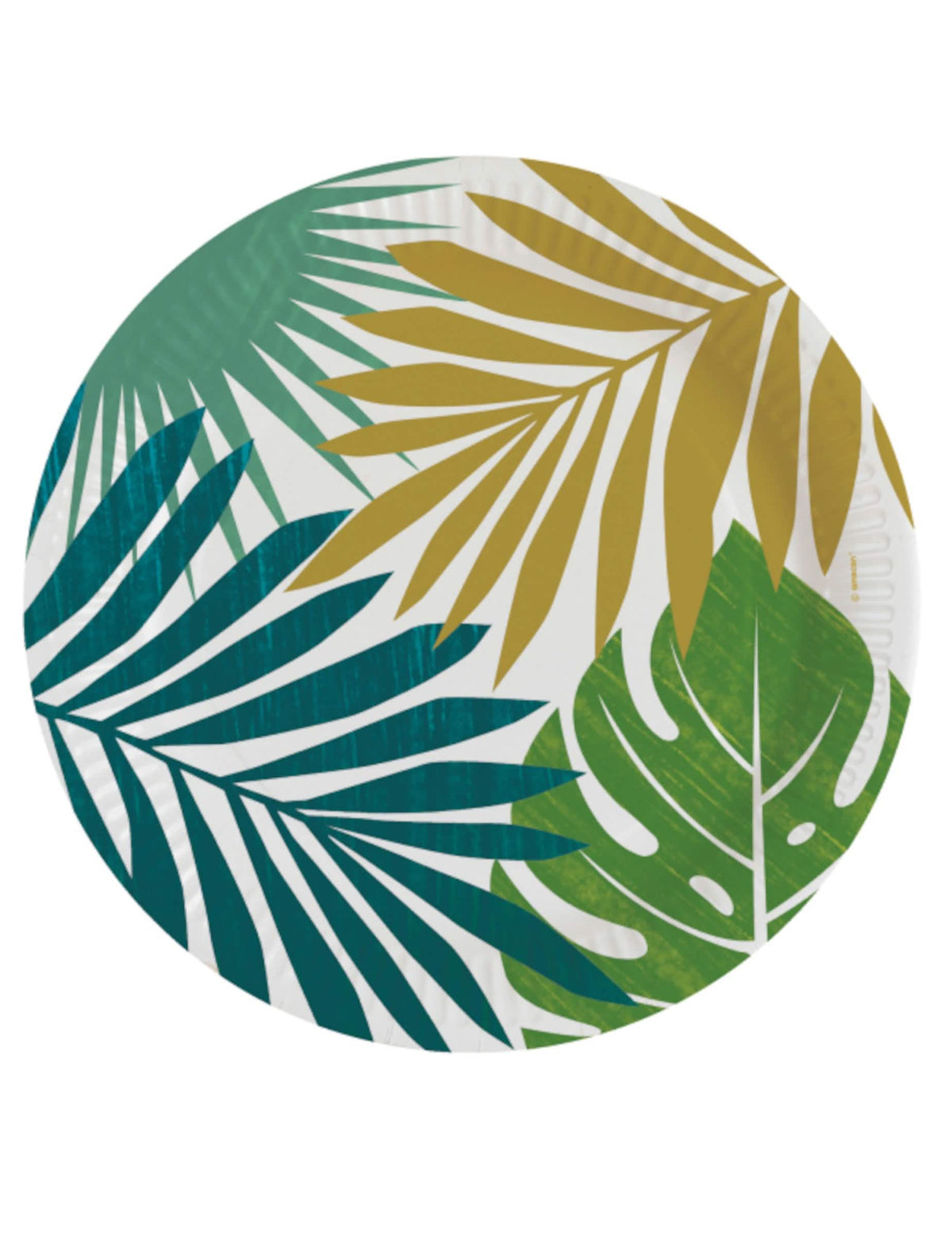 Assiettes en carton tropical chic pour fête avec motifs de feuilles vertes et dorées
