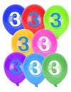 8 ballons chiffre 3 multicolores