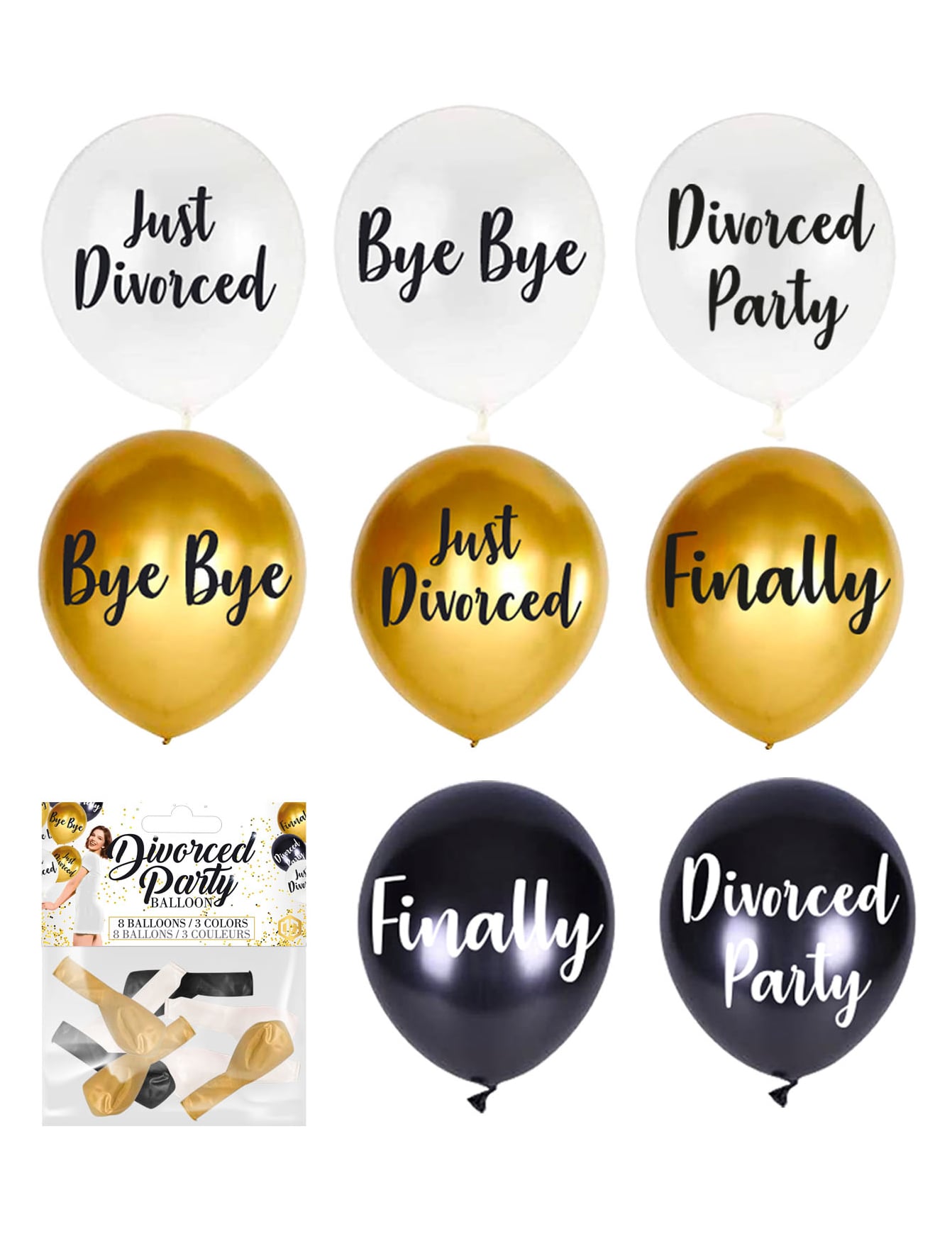 Détail des différents imprimés et du packaging des ballons Divorced Party
