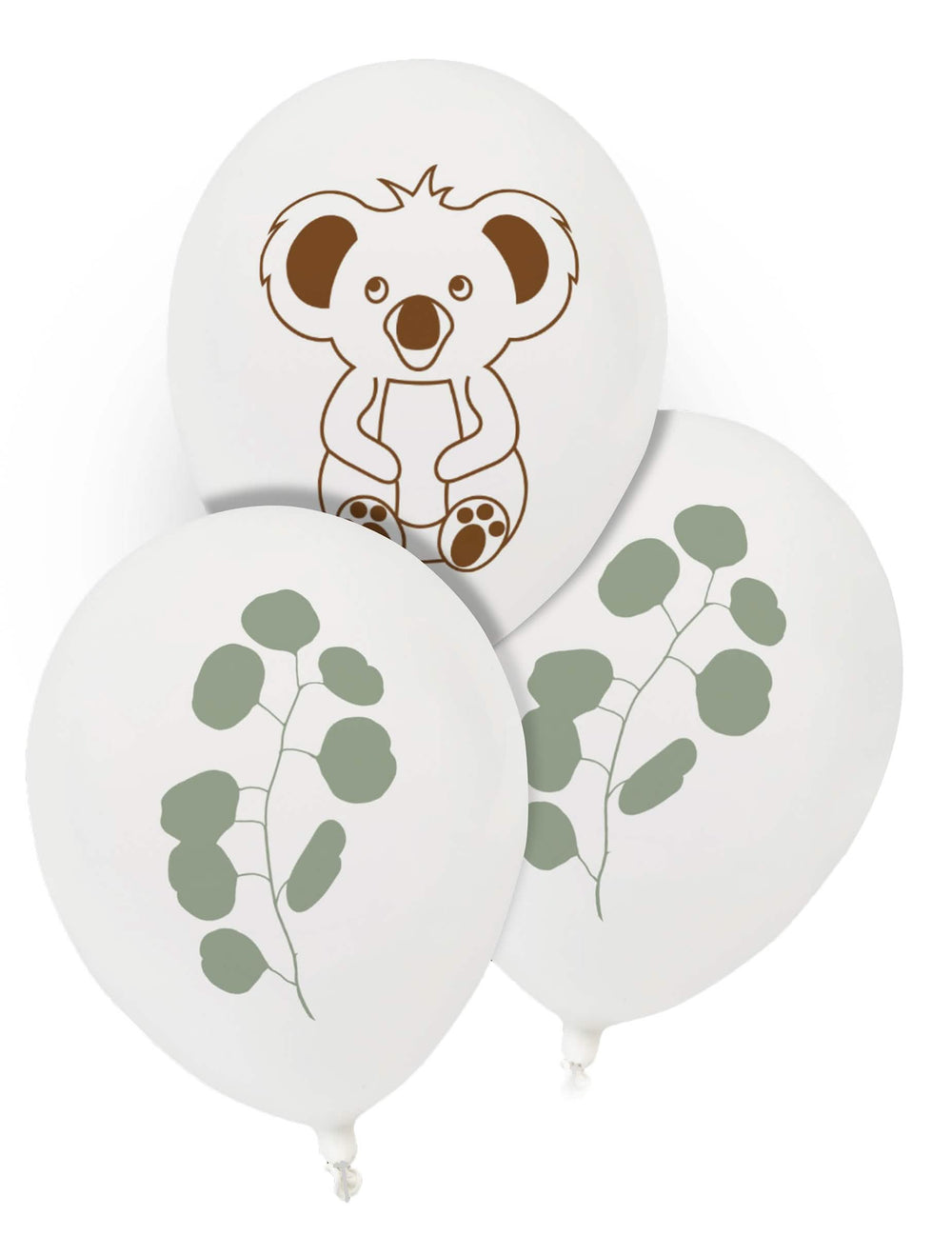Ballons en latex koala et eucalyptus pour fête blancs avec motifs marron et verts