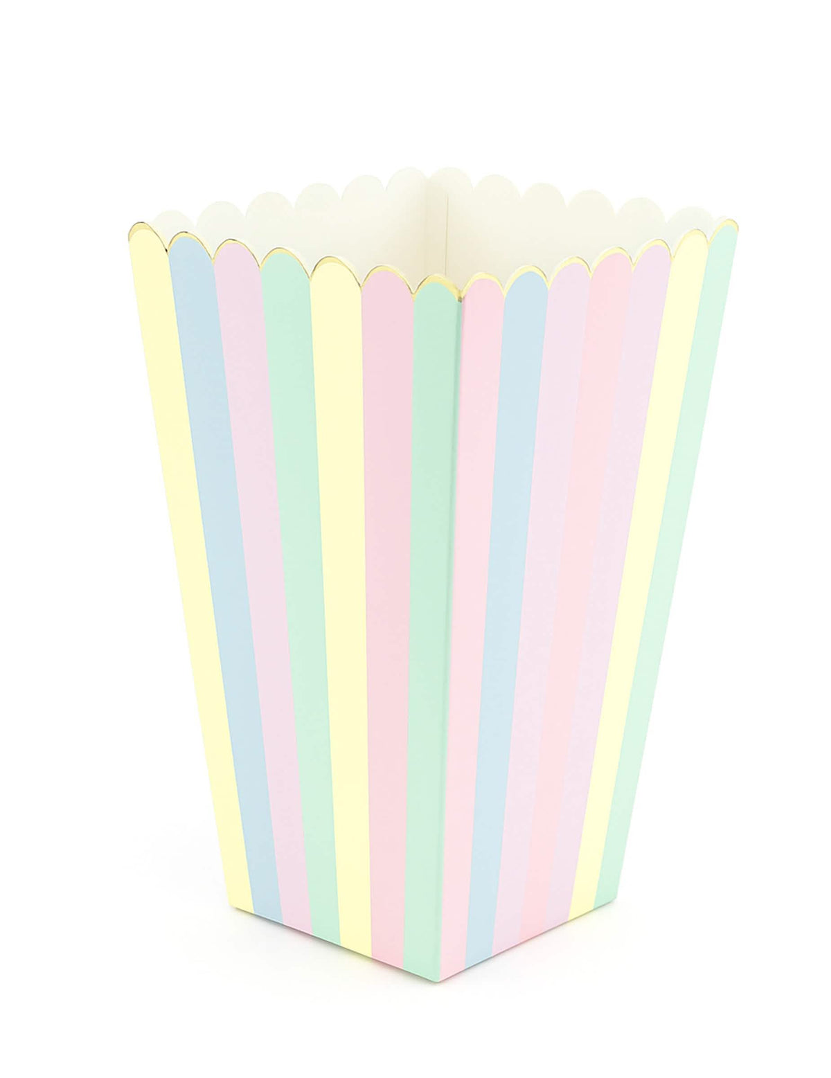 Boîte à pop corn arc-en-ciel et or pour fête à rayures pastel en carton