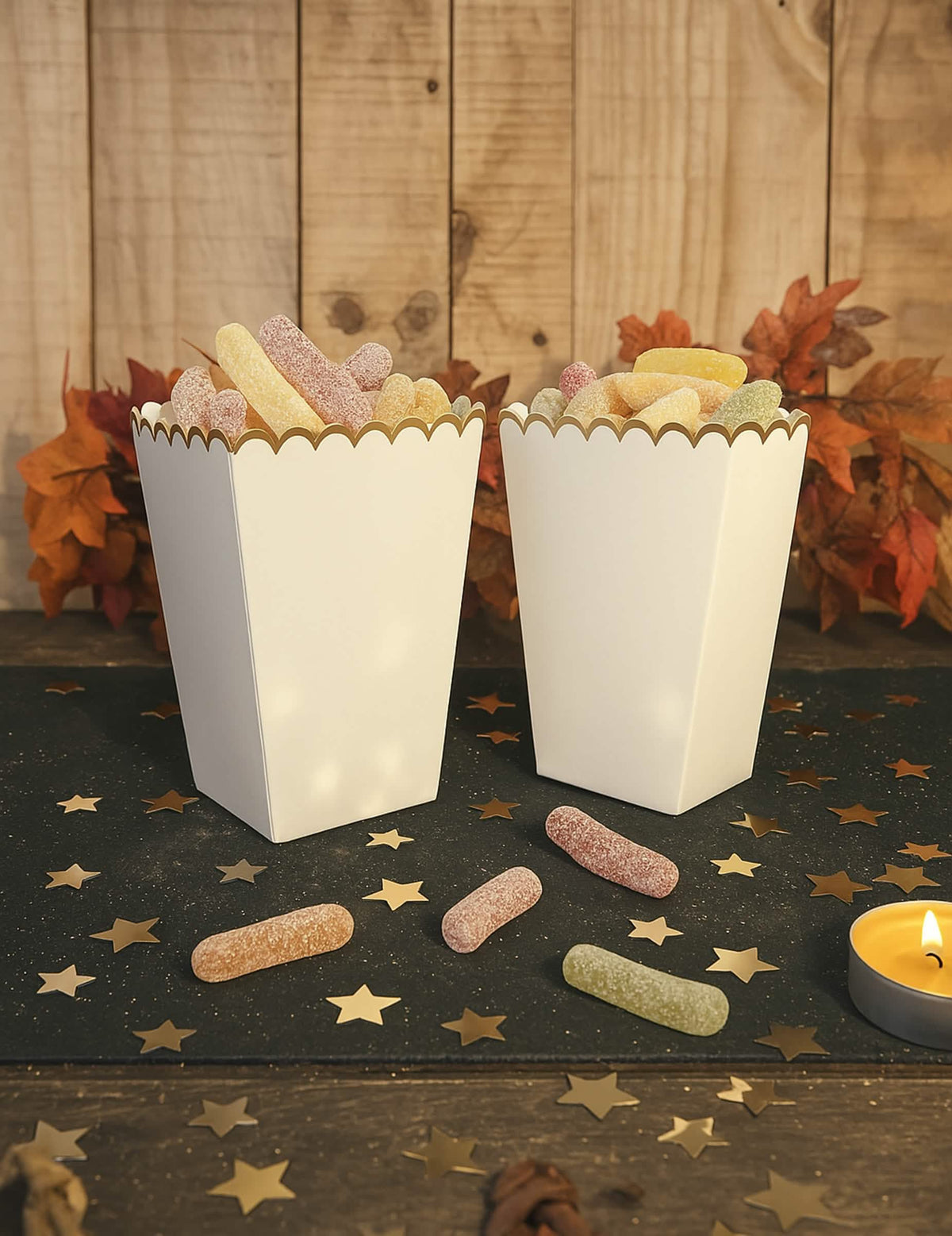 Mise en scène avec bonbons des boîtes à pop corn festonnées pour fête blanc et or