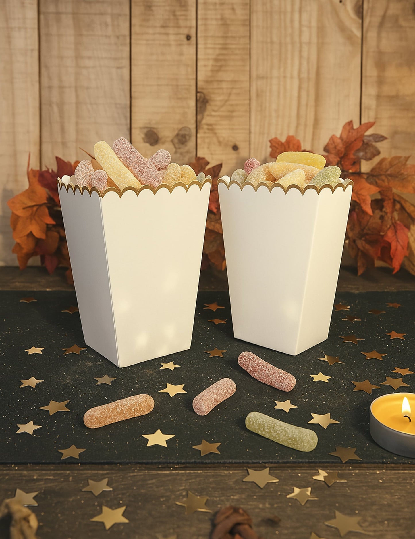 Mise en scène avec bonbons des boîtes à pop corn festonnées pour fête blanc et or