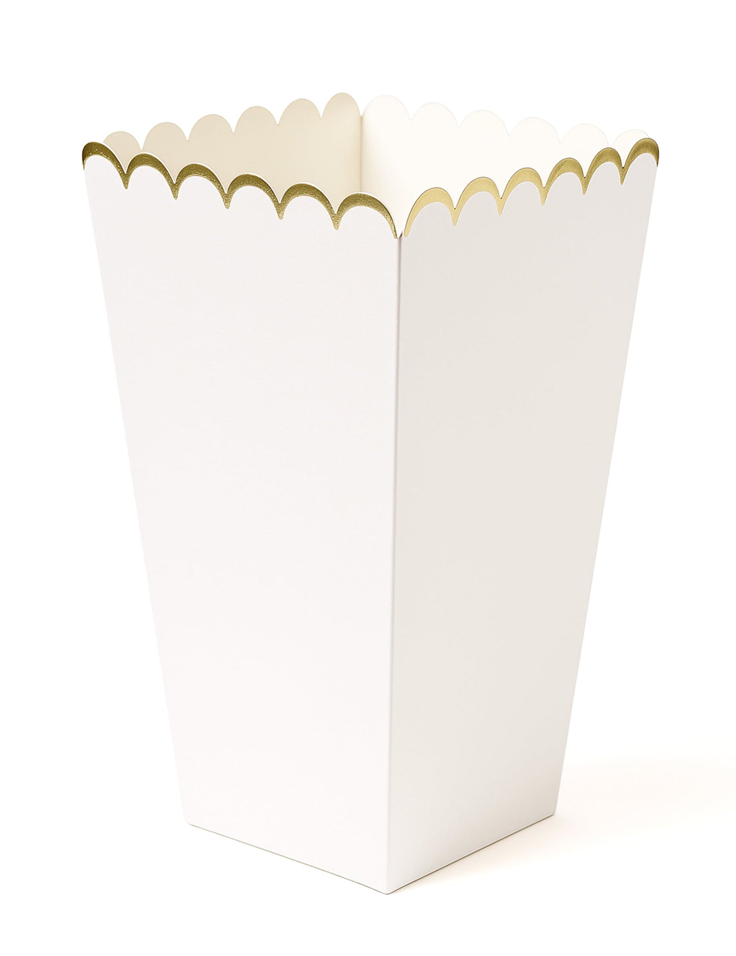 Boîtes à pop corn festonnées pour fête blanc et or