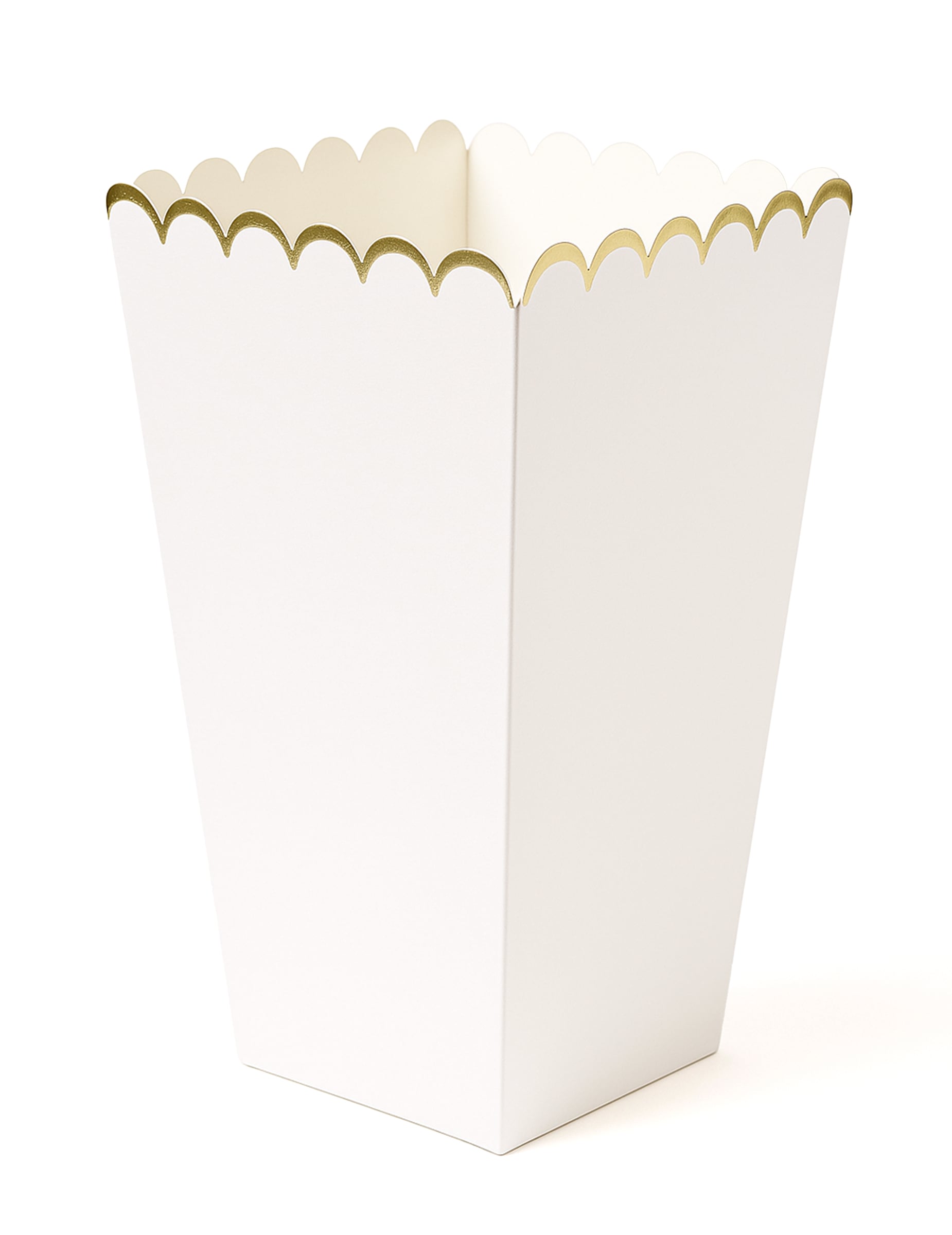 Boîtes à pop corn festonnées pour fête blanc et or