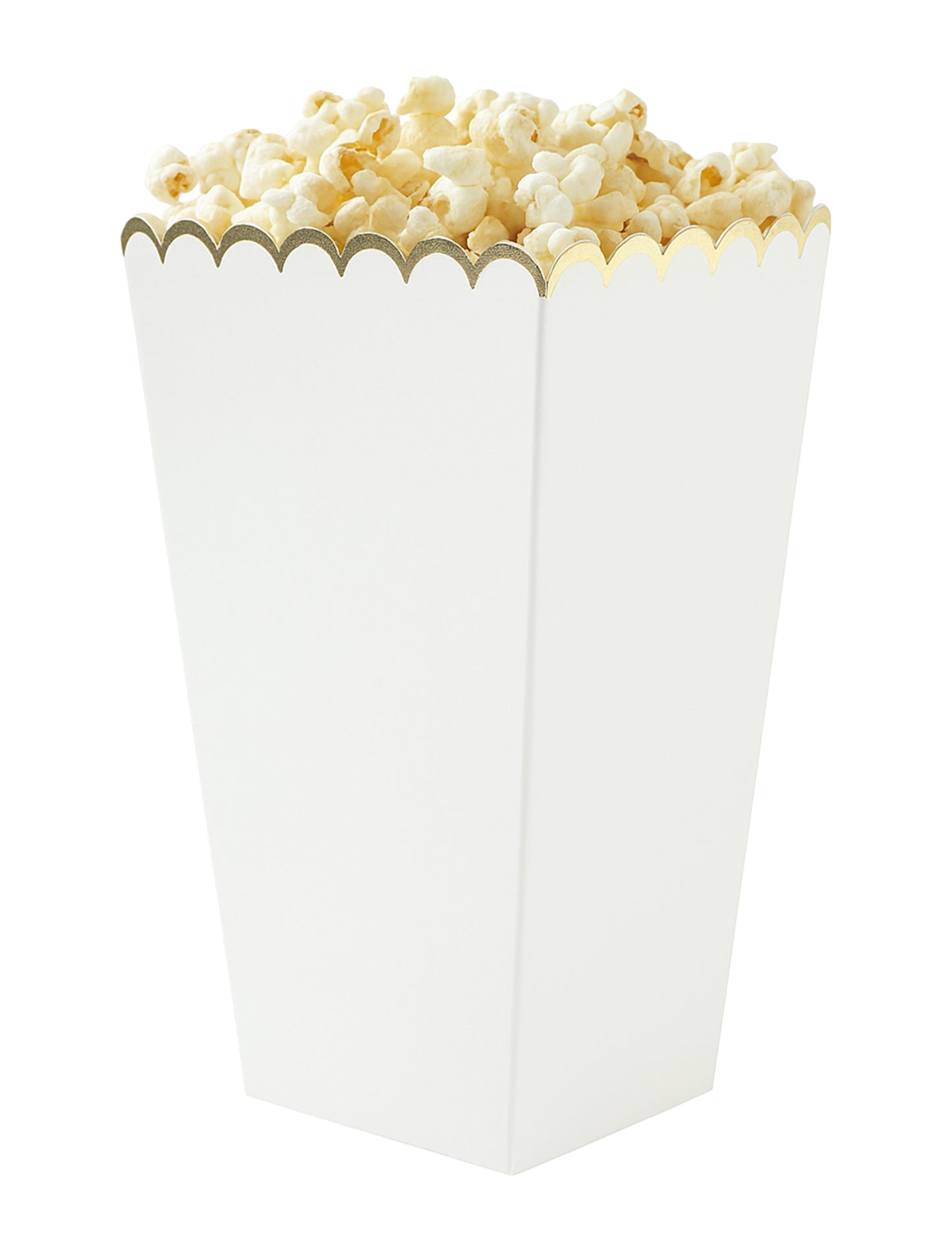 Vue d'une boîte remplie de popcorn des boîtes à pop corn festonnées pour fête blanc et or
