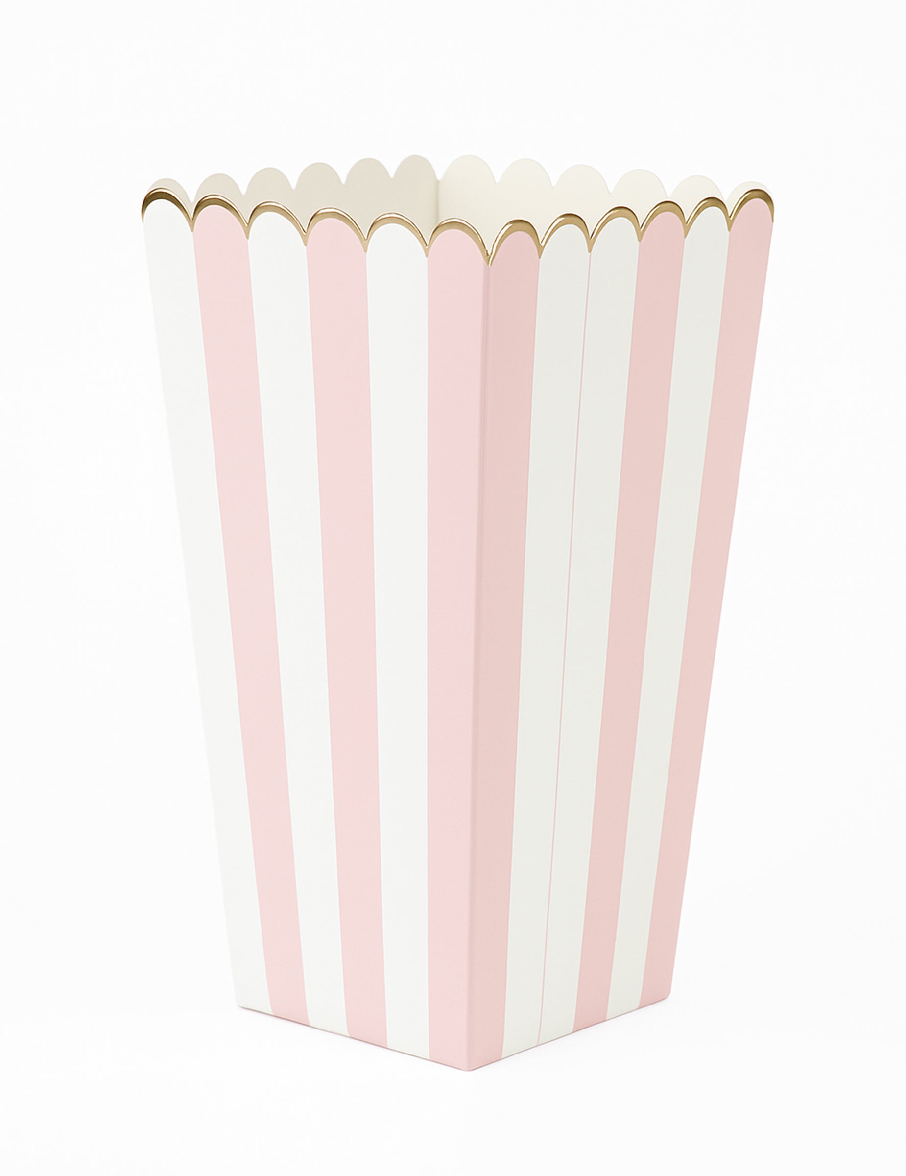 Boîtes à pop corn à rayures pour fête rose pastel et blanc avec bordure dorée