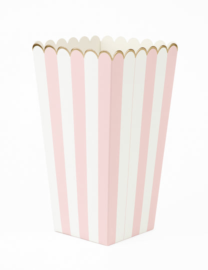 Boîtes à pop corn à rayures pour fête rose pastel et blanc avec bordure dorée