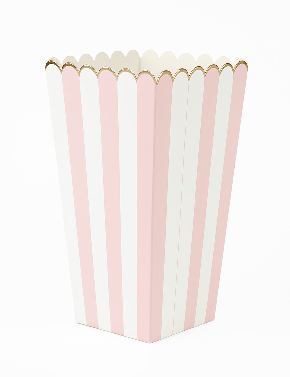 Boîtes à pop corn à rayures pour fête rose pastel et blanc avec bordure dorée