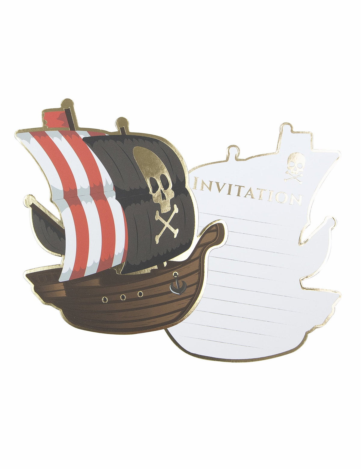 Cartes d'invitation bateau pirate pour enfant marron et rouge avec motif tête de mort dorée