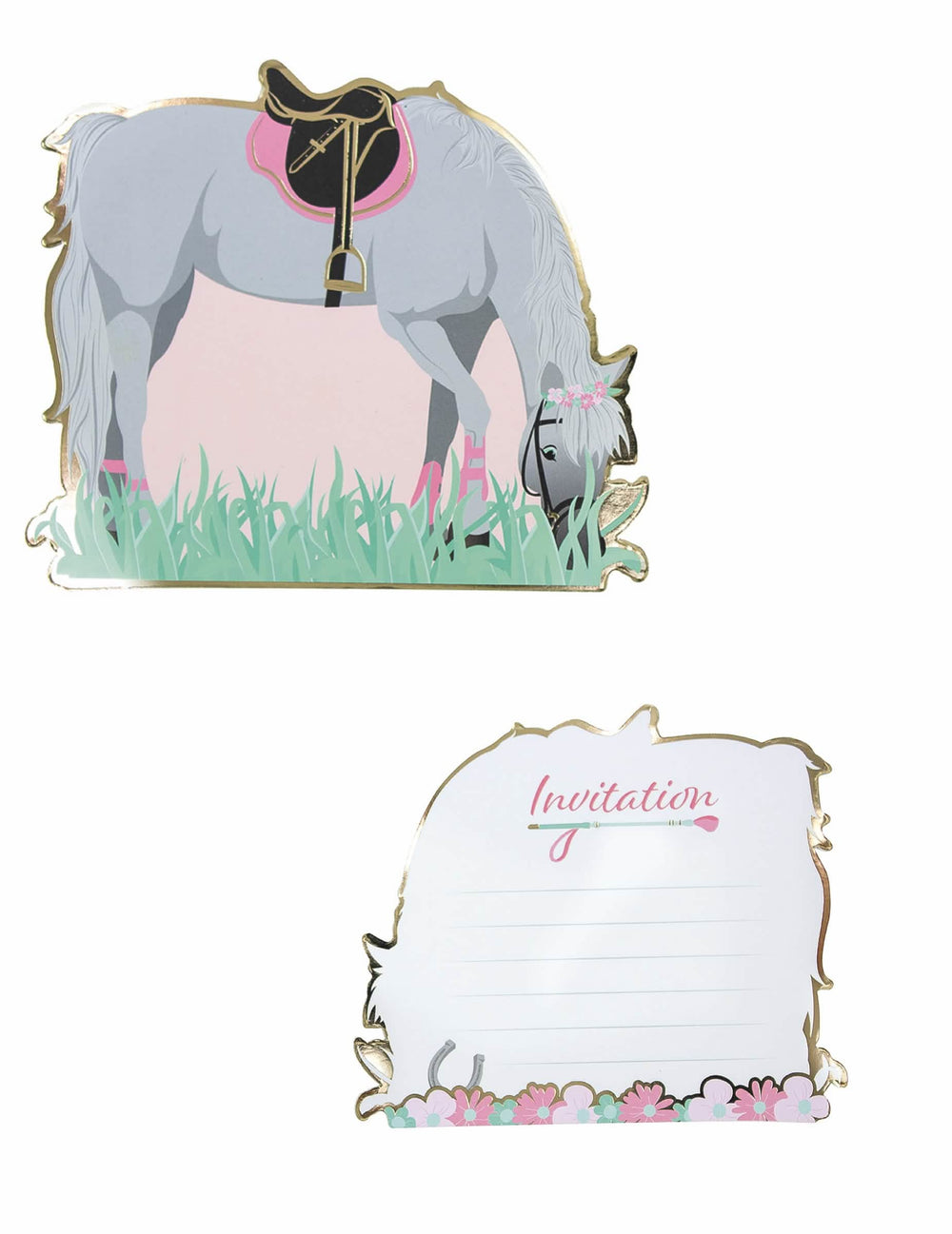 8 cartes d'invitation cheval pour anniversaire grises et roses