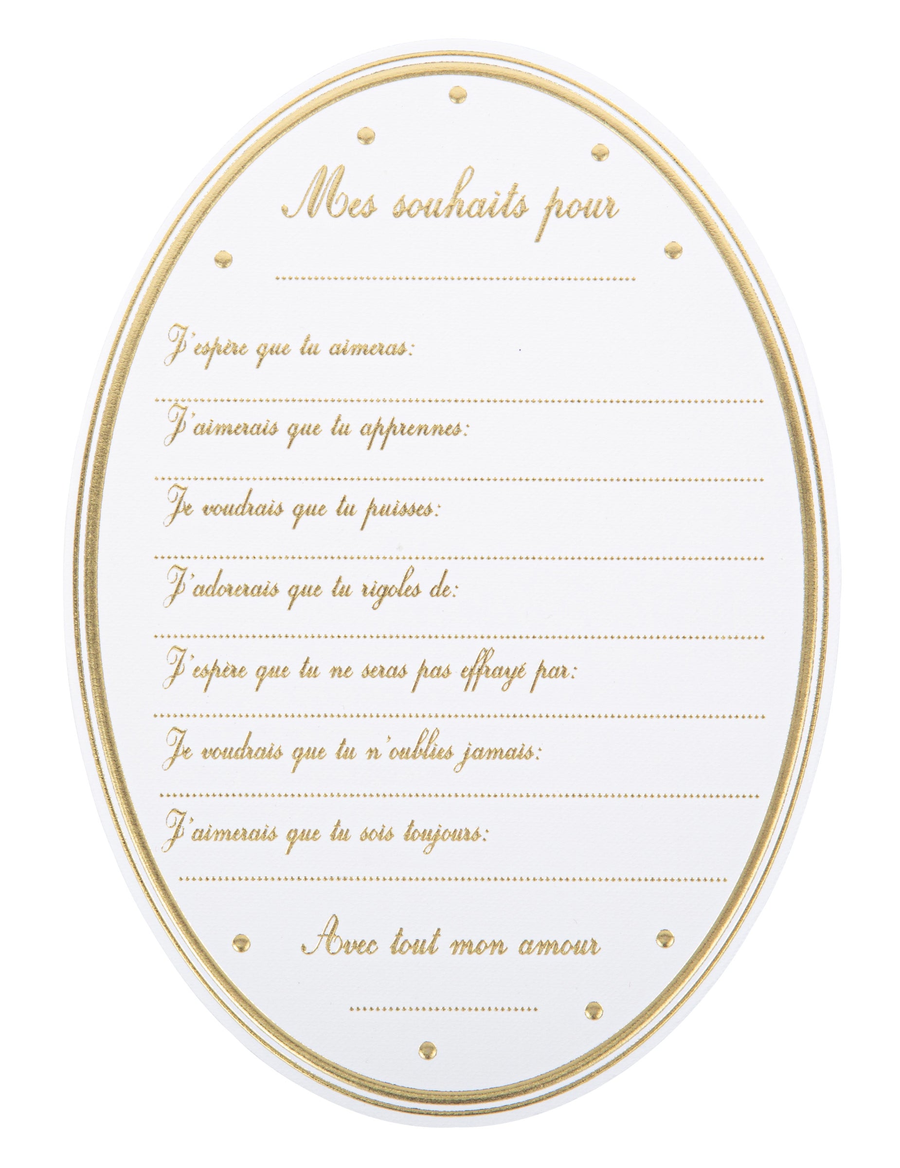 Cartes de souhaits baby shower pour fête blanches et dorées forme médaillon