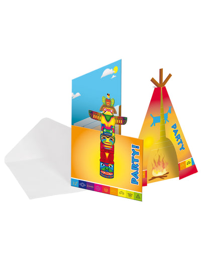 Cartons d'invitations Indien pour enfant multicolores avec tipi et totem